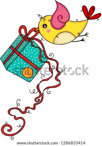 Yellow bird flying holding a blue gift
