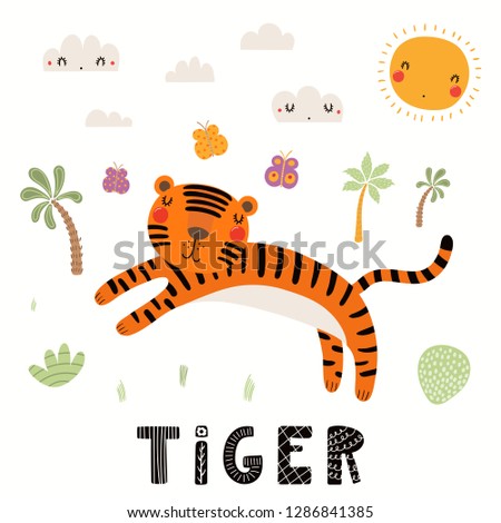 Hand drawn vector illustration of a cute tiger, tropical landscape, with text. Isolated objects on white background. Scandinavian style flat design. Concept for children print.