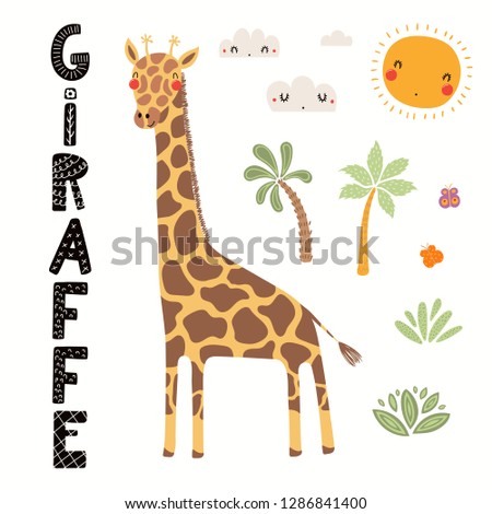 Hand drawn vector illustration of a cute giraffe, African landscape, with text. Isolated objects on white background. Scandinavian style flat design. Concept for children print.