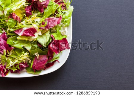Sliced leaves of different varieties of lettuce on a square plate. Black background. Copy space.