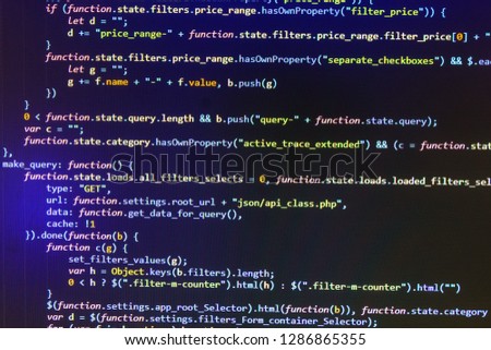 Software and PHP and field,  Source abstract algorithm concept,  Modern application HTML code on laptop screen,  Developing programming binary code