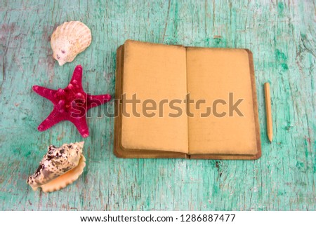 flat lay old mock up notebook ,pencil and collection of sea shells, summer inspiration background
