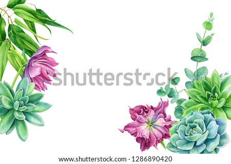 greeting card with space for text, bouquet of flowers, invitation, succulent, eucalyptus, hellebore on an isolated white background, watercolor illustration
