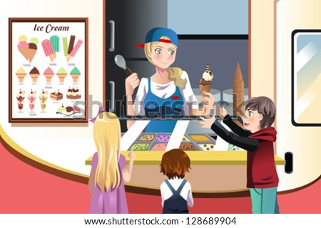 A vector illustration of kids buying ice cream at an ice cream truck