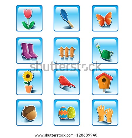 A vector illustration of colorful spring gardening icon sets