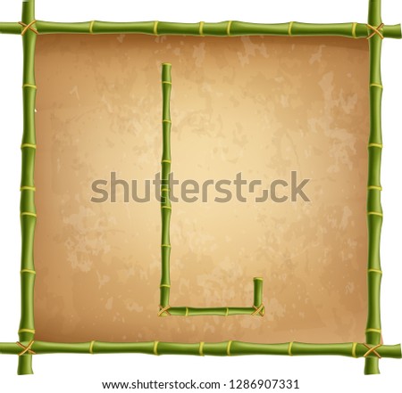 Vector bamboo alphabet. Capital letter L made of realistic green bamboo sticks poles on old paper, papyrus, parchment or canvas background. Abc concept for creating words, text, advertising, message.