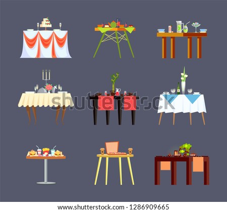 Restaurant tables with drinks and fastfood isolated vector icons. Banquet or wedding furniture, cake and fast food, tea and alcohol, cutlery on tablecloth