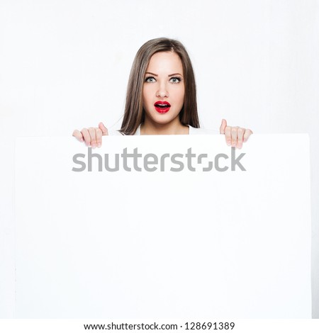 beautiful woman hold white blank board , blank paper