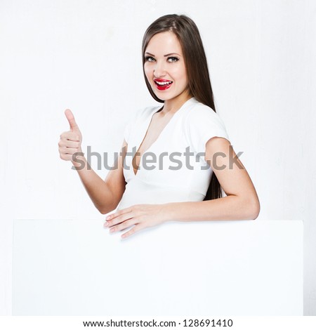 beautiful woman hold white blank board , blank paper