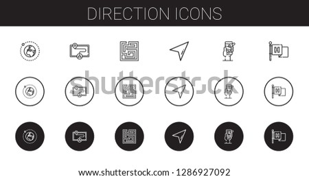 direction icons set. Collection of direction with earth, map, labyrinth, cursor, gps, flag. Editable and scalable direction icons.