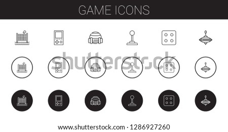 game icons set. Collection of game with volley, console, sport, joystick, dice, whirligig. Editable and scalable game icons.