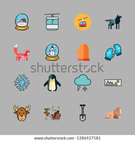 snow icon set. vector set about snowflake, sled, wolf and snow globe icons set.
