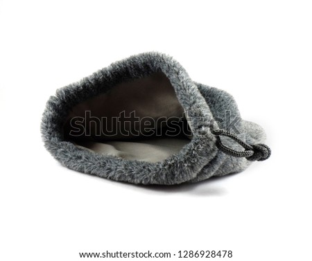 front view of drawstring soft bag opening, isolated of cute cloth bag in white and gray color for young girl or woman, gray bag fur textile on white background