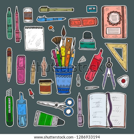 Set of cute hand drawn stickers of art tools including pencils; pens; eraser; brush; and others. Vector hand drawn art collection