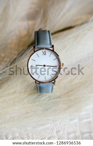 Blue velvet and gold metal watch on off white fabric , photo concept