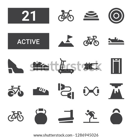 active icon set. Collection of 21 filled active icons included Kettlebell, Running, Treadmill, Bike, Volcano, Chest expander, Shoes, Trampoline, Shoe, Climbing, Frisbee, Bosu ball