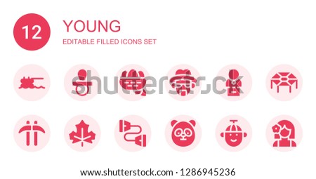 young icon set. Collection of 12 filled young icons included Trampoline, Pacifier, Nest, Heisenberg, Bust, Kusarigama, Leaf, Chest expander, Panda, Boy, Girl