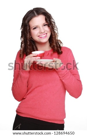 Emotional young woman with cup of coffee/Cheerful girl in casual clothing
