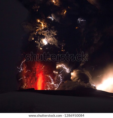 Volcanic lightning. Time-exposure image of lightning in and around a large ash column produced during the 2010 Eyjafjallajokull volcanic eruptions. 