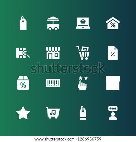 discount icon set. Collection of 16 filled discount icons included Rate, Price tag, Shopping cart, Shop, Barcode, Offer, Discount, Shopping online, Cart