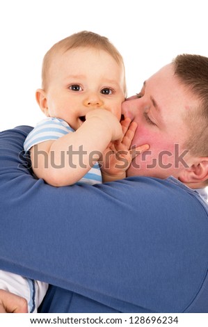 happy dad kisses baby isolated on white background