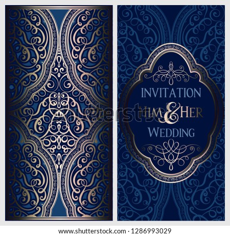 Wedding invitation card with gold shiny eastern and baroque rich foliage. Ornate islamic background for your design. Islam, Arabic, Indian, Dubai