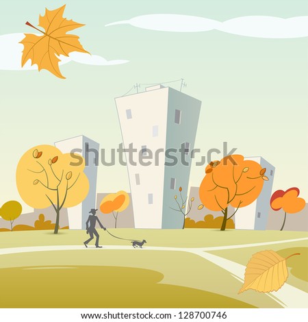 Autumn city scene with a man walking a small dog on the sidewalk.