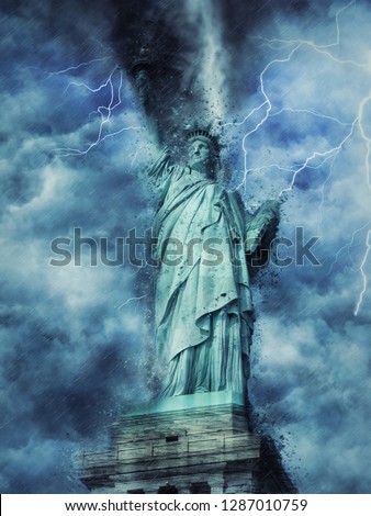 statue of liberty during the heavy storm, rain and lighting in New York, creative picture