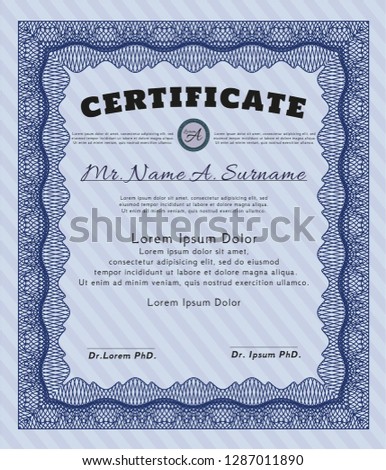 Blue Certificate or diploma template. Sophisticated design. Easy to print. Vector illustration. 