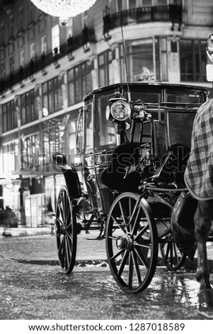 Beautiful old carriage in old town. Black and white.Vintage picture.
