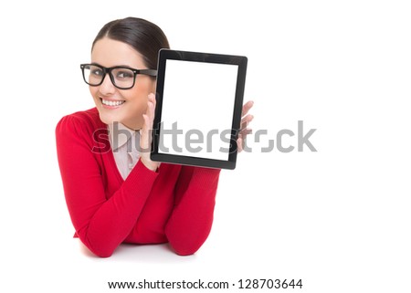 Smiling successful businesswoman showing digital tablet screen