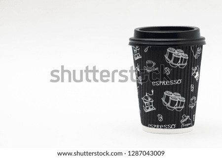 Paper Corrugated Coffee Cup with Black Lid on white background. Takeaway drink container. Template of drink cup for your design. Can put text, image, and logo