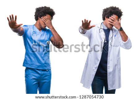 Collage of african american young surgeon, nurse, doctor man over isolated background covering eyes with hands and doing stop gesture with sad and fear expression. Embarrassed and negative concept.