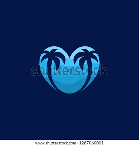 calming tropical scenic in heart shape with palm trees and waves - logo template design