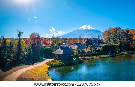 The ancient Oshino Hakkai village with Mt. Fuji in Autumn Season at Minamitsuru District, Yamanashi Prefecture, Japan.  Royalty-Free Stock Photo #1287075637
