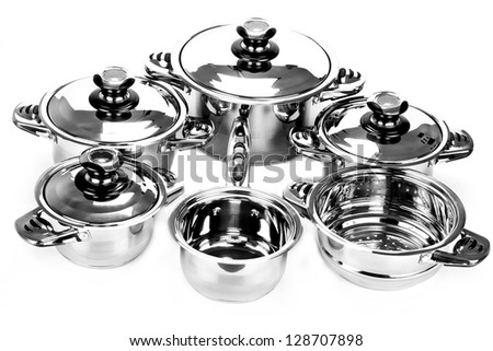 Group of pots isolated on white background. Black and white photo.