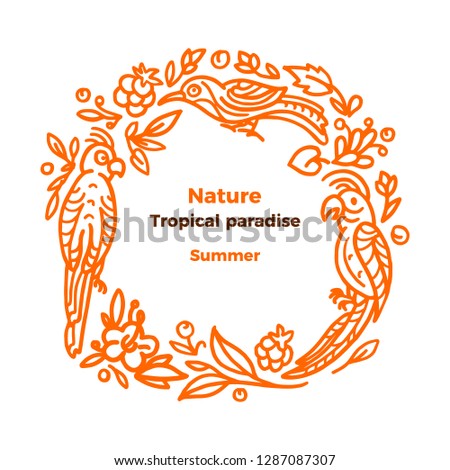 Vector nature design. Tropical paradise Exotic bird and flower, plant in circle Art line sketch Round floral wreath Vintage symbol, hand drawn design Stamp for organic food Bio label, ecology sign
