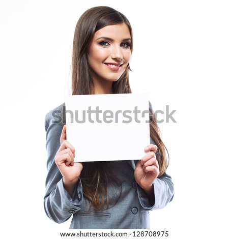 Smiling young business woman show blank signboard . isolated on white background