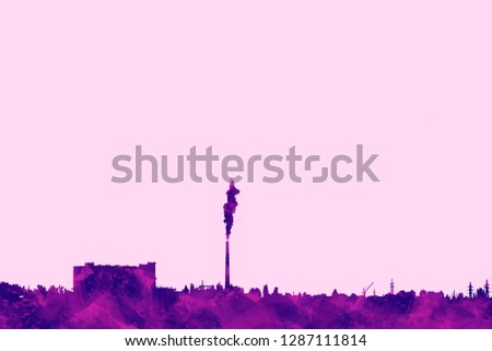 Steaming industrial pipe on the background. Environmental pollution. Environmental problems, ecological theme, industry scene. Overlay shades of violet. Concept photo, Duotone Photo Effect