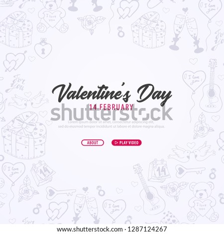 Valentines Day banner with doodle background. 14 February. Vector Illustration