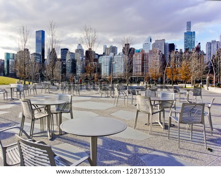 scenic view of cityscape of midtown manhattan from picnic area roosevelt island nyc us