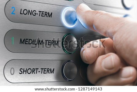 Man pushing an elevator buttons where it is written long term. Investment Concept. Composite image between a hand photography and a 3D background. Royalty-Free Stock Photo #1287149143