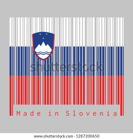 Barcode set the color of Slovenian flag, White blue and red, charged with the Coat of arms at the hoist side. text: Made in Slovenia, concept of sale or business.