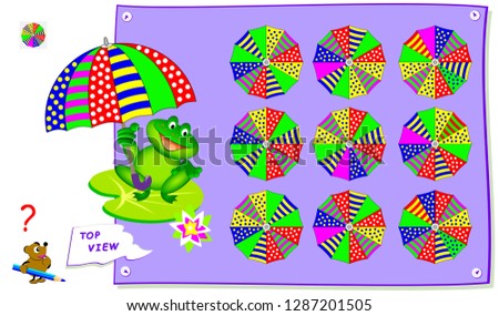 Logic puzzle game for kids. Need to find correct top view of umbrella. Printable page for school textbook. Development of children spatial thinking skills. Vector cartoon image.