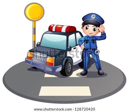 Illustration of a patrol car and the policeman near the traffic light on a white background