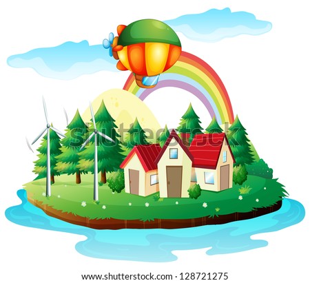Illustration of a village in an island on a white background