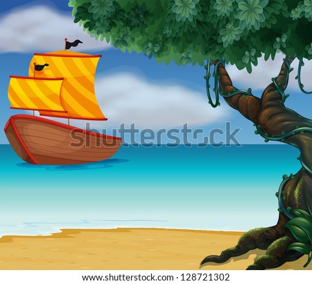 Illustration of a wooden boat near the shoreline