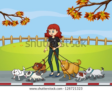 Illustration of a lady at the park strolling with her pets