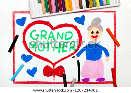 Colorful drawing: Grandparents Day card with happy grandmother 