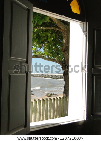 view from inside a church to the sea, deep blue,with stylized glasses in blue, green, red and green,with big tree